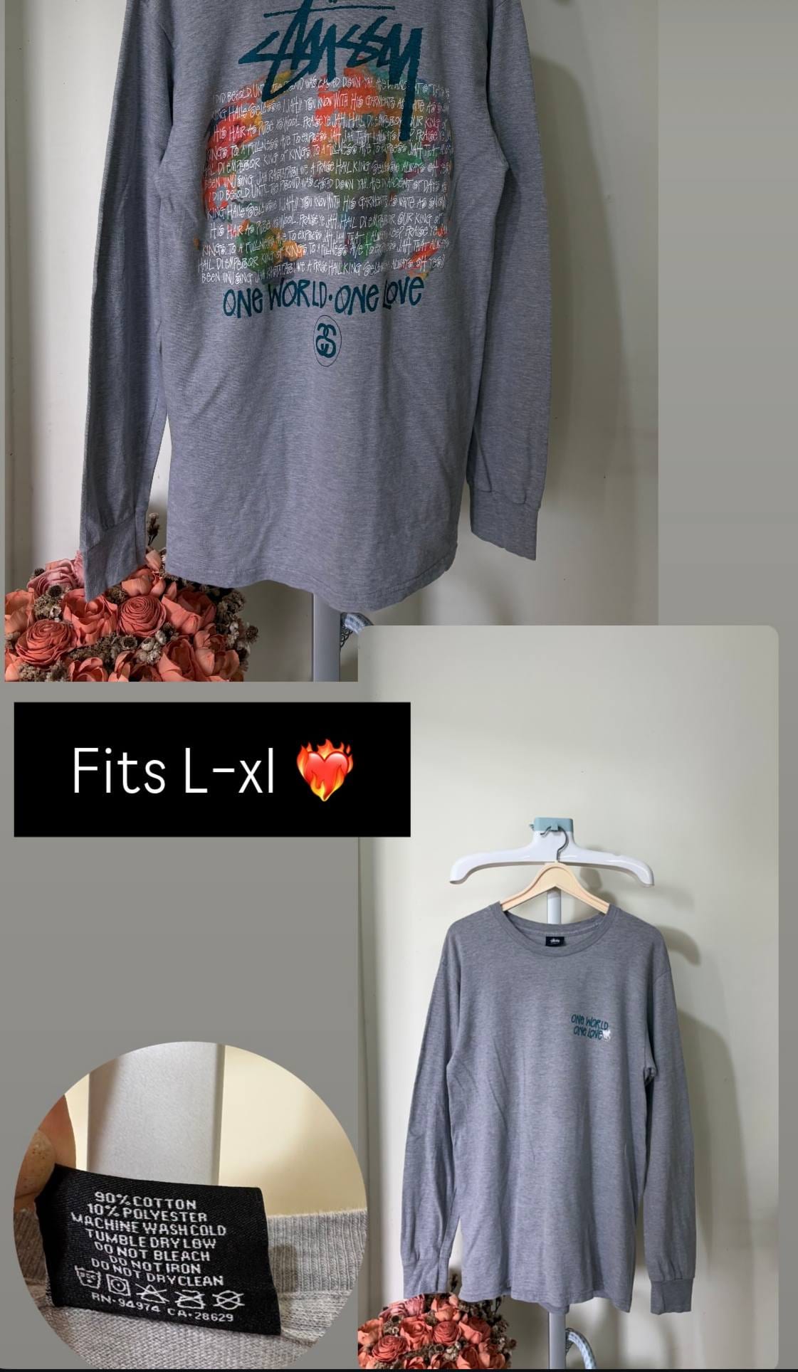 Stussy лонгслив серый One World One Love, фото 1